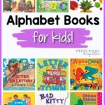 pin image with 9 book covers with text that says alphabet books for kids