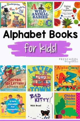 pin image with 9 book covers with text that says alphabet books for kids