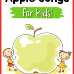 pinnable image of cute clip art kids holding a giant apple and the text 'apple songs for kids'