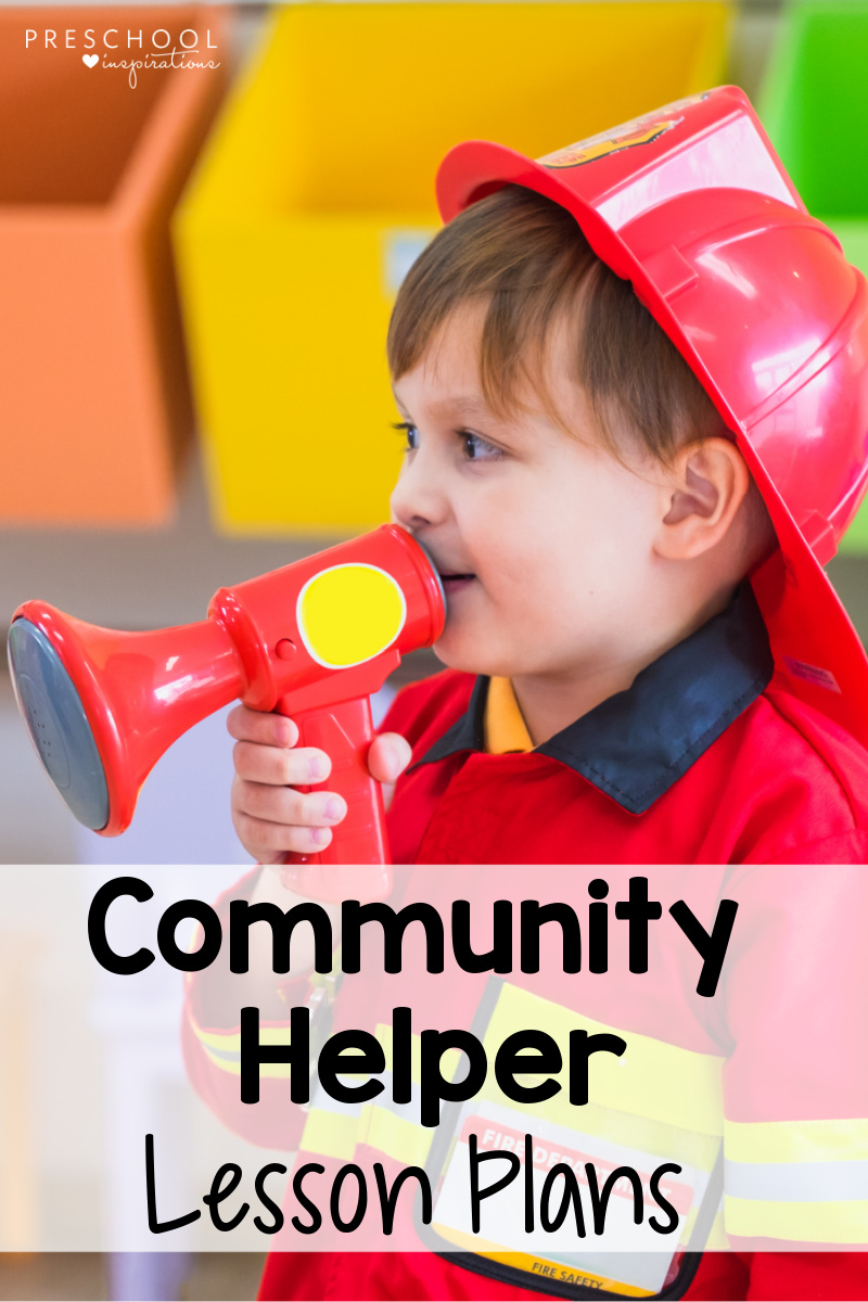 pinnable image of a young boy dressed in a firefighter costume with the text community helper lesson plans