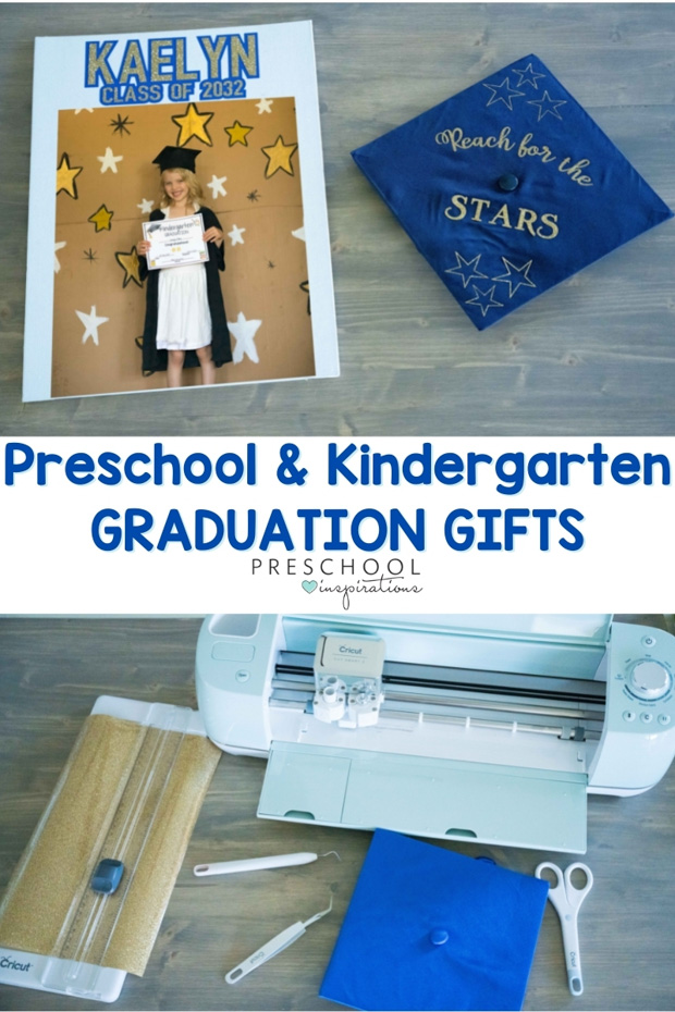 pinnable image of a cricut and a personalized graduation canvas with photo and graduation hat. text reads 'preschool and kindergarten graduation gifts'