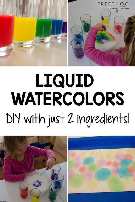 four images of preschool projects made with liquid watercolor and the text 'liquid watercolors diy with just 2 ingredients'