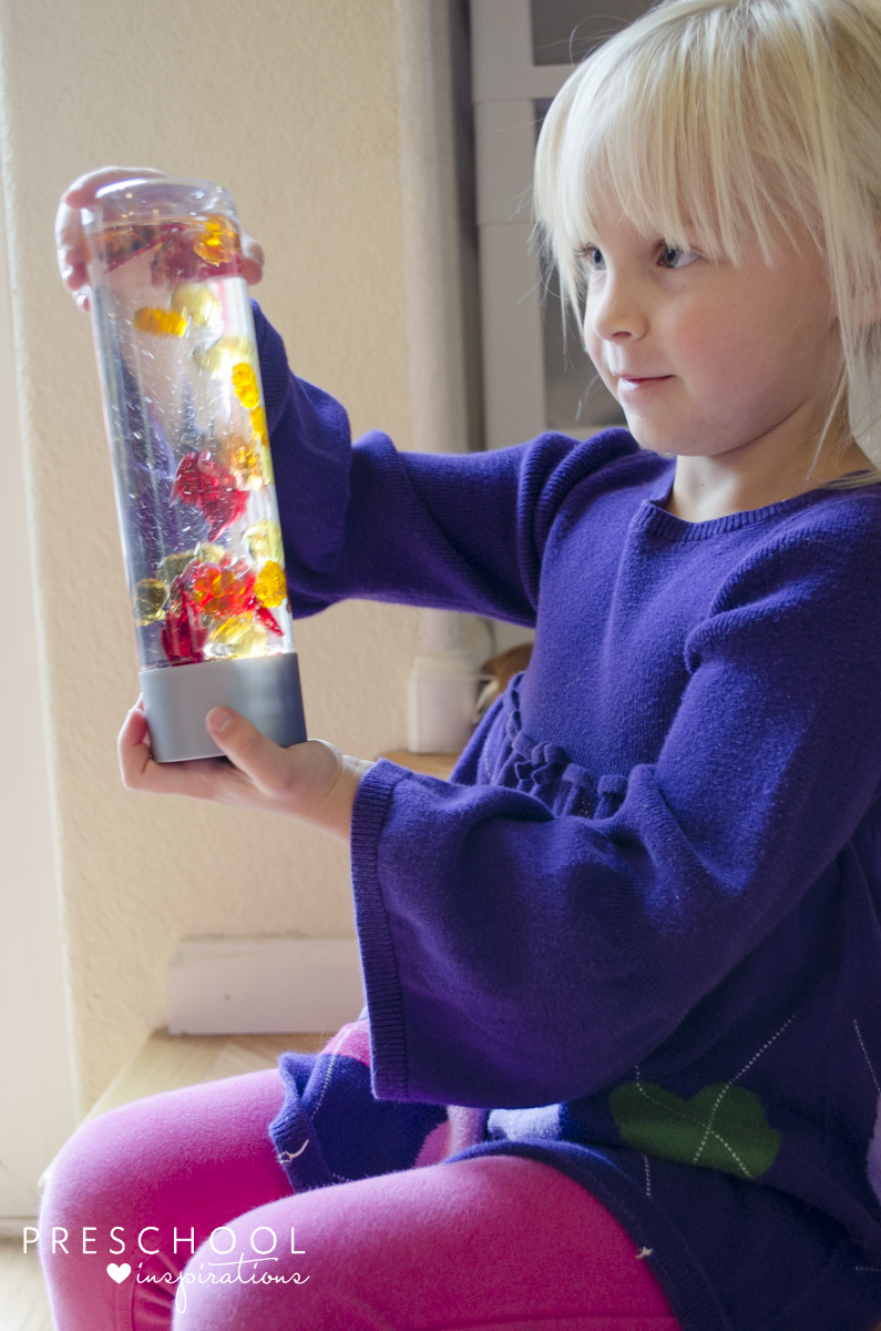 Fall Discovery Bottle for sensory play and fall activities.