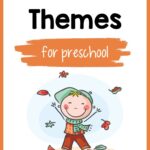 clipart boy throwing leaves on a fall day wearing warm clothing with text Fall themes for preschool