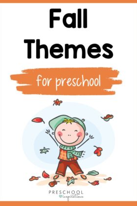 clipart boy throwing leaves on a fall day wearing warm clothing with text Fall themes for preschool