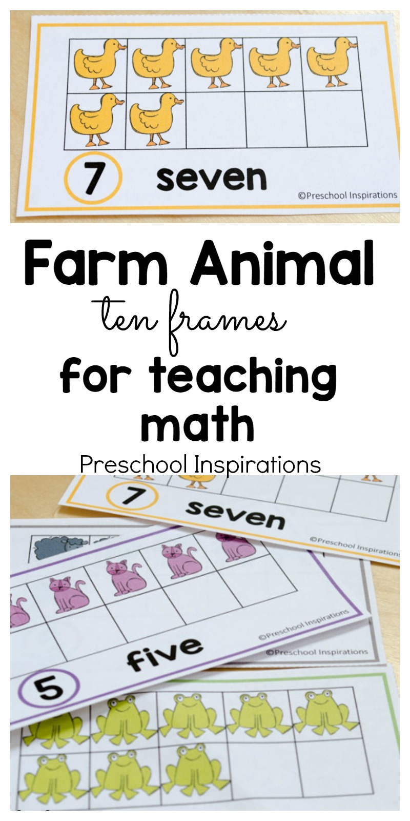 These farm themed free math printables are perfect for helping children count and learn about numbers. Use these in a math center or a small group, or you can even hang them on the wall. Use these farm themed ten frame cards to make math fun for young children.