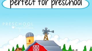 pinnable image of a cartoon farm with animals and the text 'farm songs perfect for preschool'