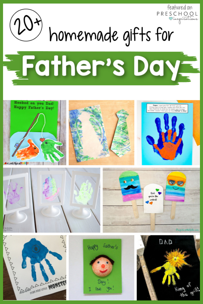 collage of 8 father's day crafts with text "20+ homemade gifts for father's day"