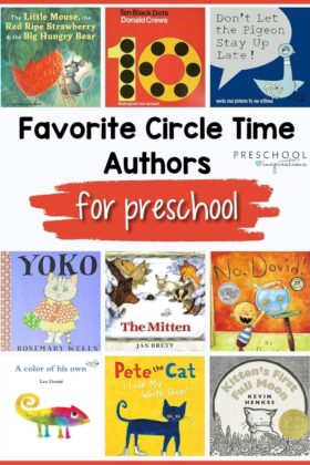 Favorite circle time authors pin image with 9 book covers. Text says Favorite circle time authors for preschool