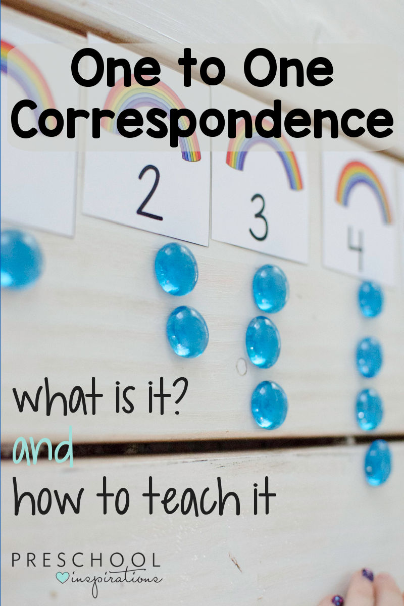 a set of rainbow counting cards and glass gems showing quantity and the text one to one correspondence what is it? and how to teach it