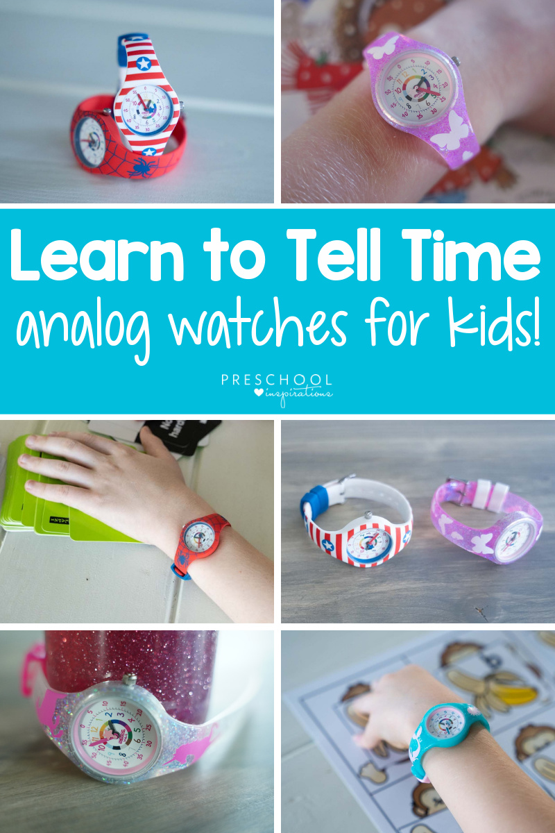 six different images of kids' watches with the text 'learn to tell time analog watches for kids'