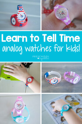 six different images of kids' watches with the text 'learn to tell time analog watches for kids'