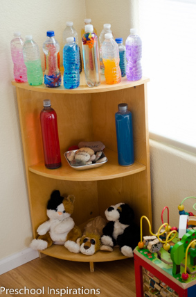 Calm down bottles in my quiet area for my preschool classroom.