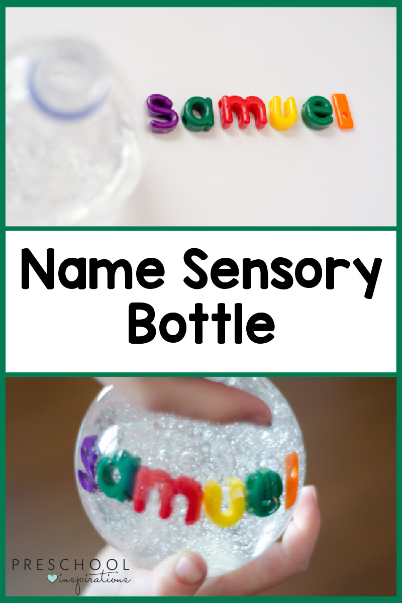 pinnable image of a boy's name spelled out in colorful letters, then suspended in a name sensory bottle