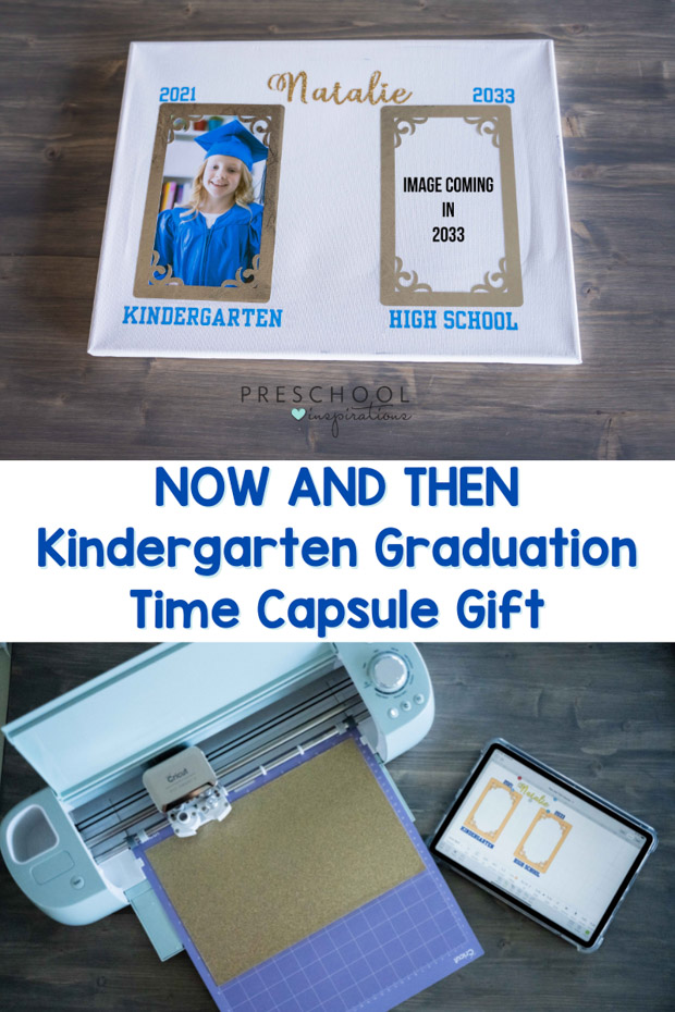 image of a kindergarten graduate next to a blank space waiting for her senior portrait and the text 'now and then kindergarten graduation time capsule gift'