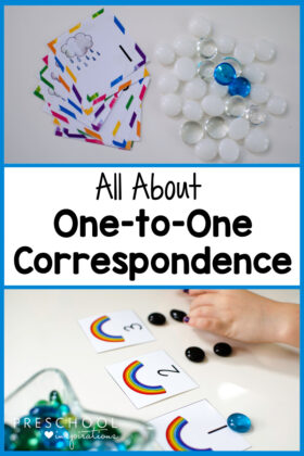 pinnable image of two sets of counting cards and the text all about one to one correspondence