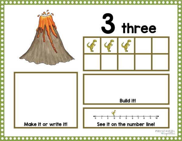 dinosaur ten frame showing the number three