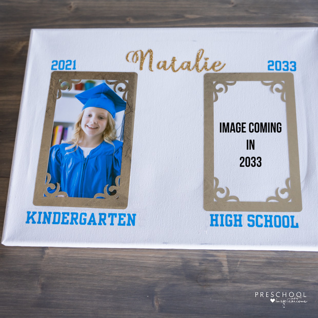 personalized graduation gift canvas with spaces for 'now' and 'then' images