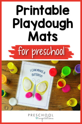 a butterfly playdough mat surrounded by tubs of playdough and the text printable playdough mats for preschool