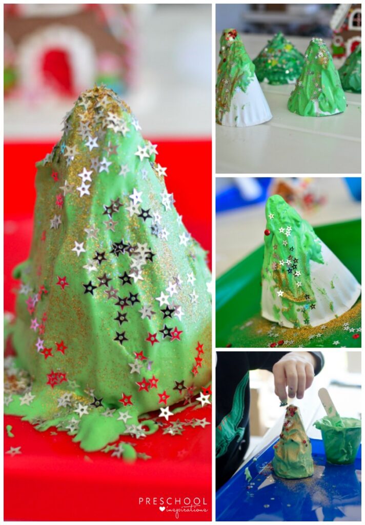 Paper Plate Christmas trees with puffy paint for kids #Christmas #preschool #art #kindergarten