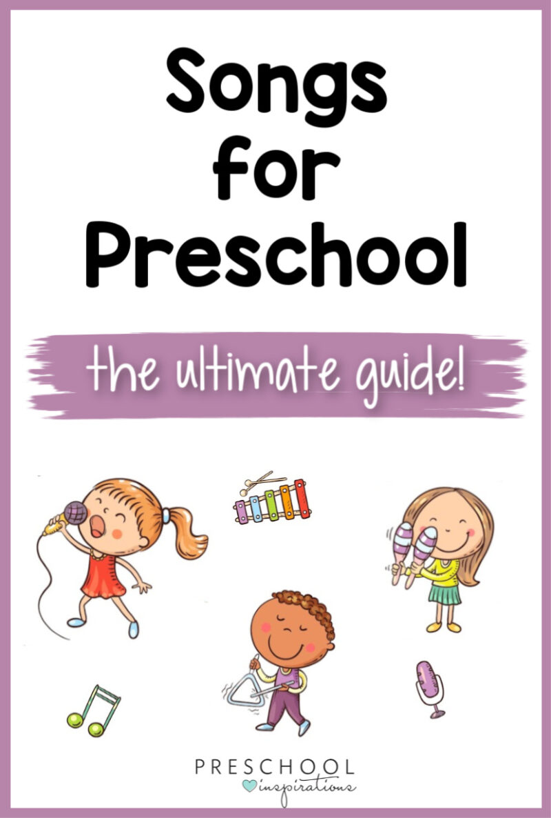 pinnable image of three cartoon kids playing instruments and the text songs for preschool the ultimate guide