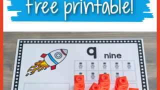 a space counting mat showing the number 9 and the text 'outer space counting mats free printable'