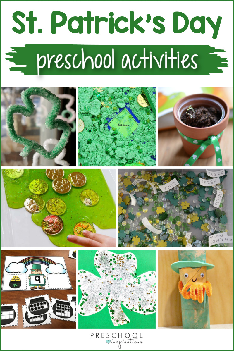 seven different preschool st. patrick's day activities with the text 'st. patrick's day preschool activities'