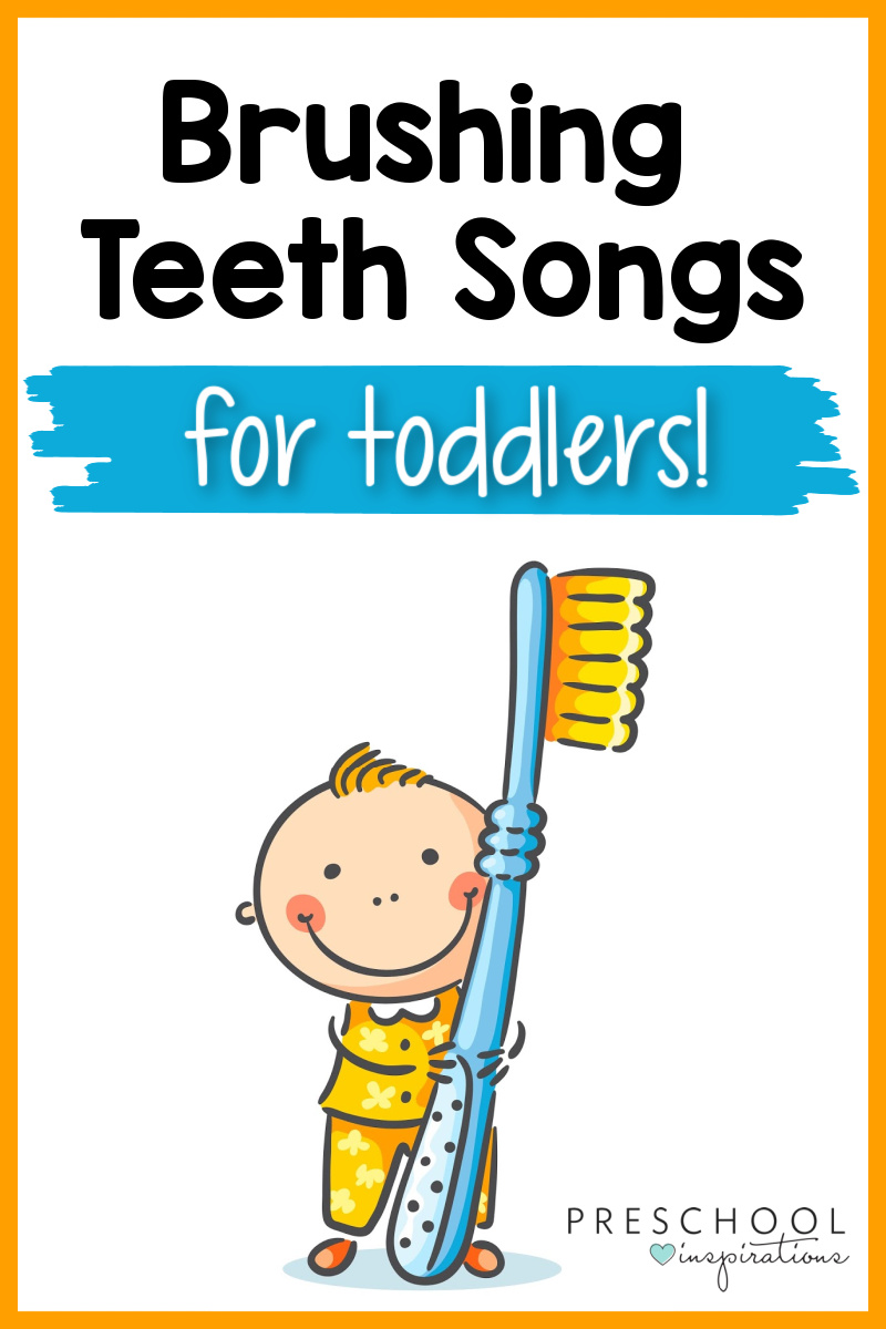 cartoon image of a toddler boy in his pajamas holding a huge toothbrush with the text brushing teeth songs for toddlers