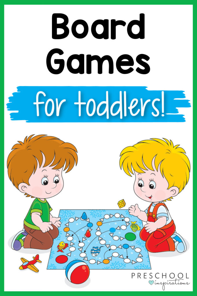 cartoon image of two toddler boys playing a board game and the text board games for toddlers