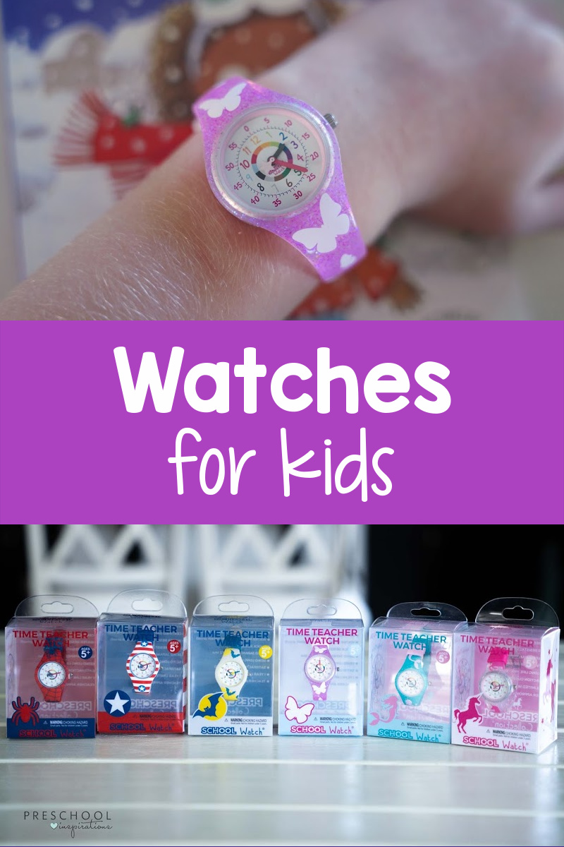 a butterfly watch up close and six analog watches for kids in boxes with the text 'watches for kids'