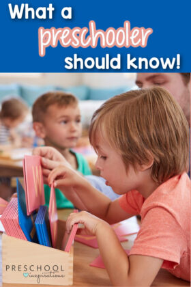 a preschool boy looking through alphabet cards and the text 'what a preschooler should know'