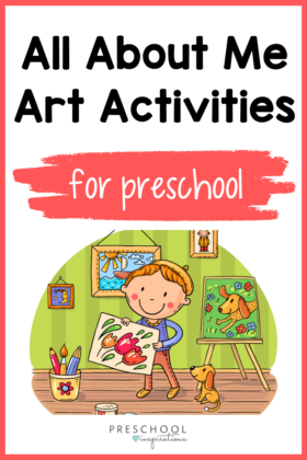 pin image for All about me art activities for preschool with clip art of boy painting flowers, his dog, and his boat