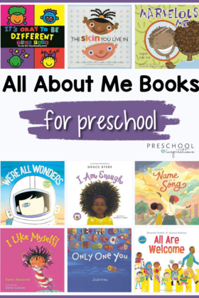 All About me pin image with 9 different all about me book covers for preschoolers