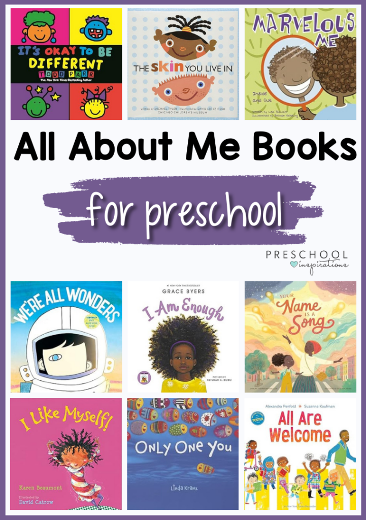 All About me pin image with 9 different all about me book covers for preschoolers