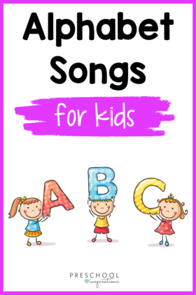 clip art of children holding up the letters A, B, and C with text alphabet songs for preschool