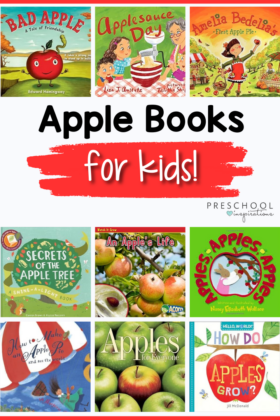 Apple Books pin image with 9 different apple book covers for kids