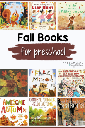 12 images of preschool fall themed books with the text Fall books for preschool