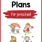 clipart of children playing in the leaves, enjoying cool weather, foraging for mushrooms with the text Fall lesson plans for preschool