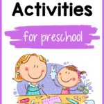 clipart image of a girl cutting and gluing crafts with her mom with text Fine motor activities for preschool