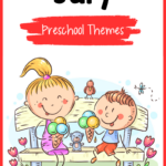 pinnable image of two cartoon children enjoying outdoor ice cream and summer activities with the text July Preschool Themes