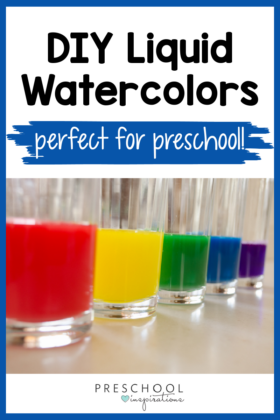 five small glasses full of rainbow-colored liquid with the text 'diy liquid watercolors perfect for preschool'