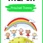 five cartoon children jumping on meadow under a rainbow with text that states March preschool themes