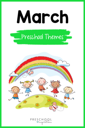 five cartoon children jumping on meadow under a rainbow with text that states March preschool themes