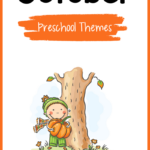 clipart child holding a pumpkin under a bare tree with text October preschool themes