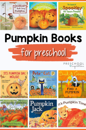 12 images of preschool pumpkin themed books with the text Pumpkin books for preschool