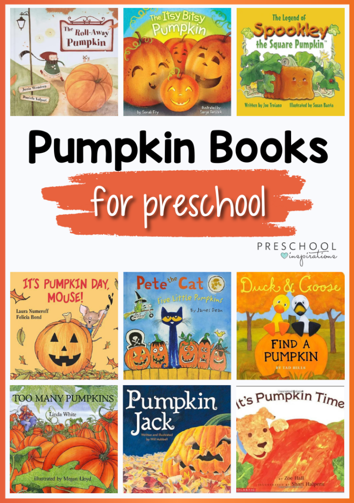 12 images of preschool pumpkin themed books with the text Pumpkin books for preschool