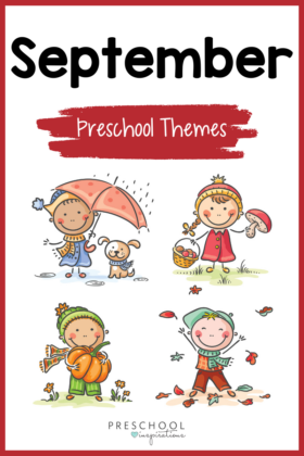 four cartoon kids participating in fall activities, holding a pumpkin, playing with leaves and mushrooms with text September preschool themes