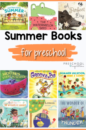 12 images of preschool summer themed books with the text Summer books for preschool