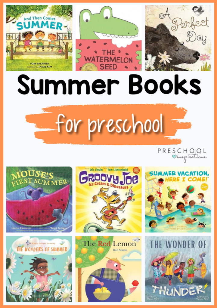 12 images of preschool summer themed books with the text Summer books for preschool