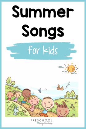 pinnable image of cartoon kids running over a hill and the text summer songs for kids